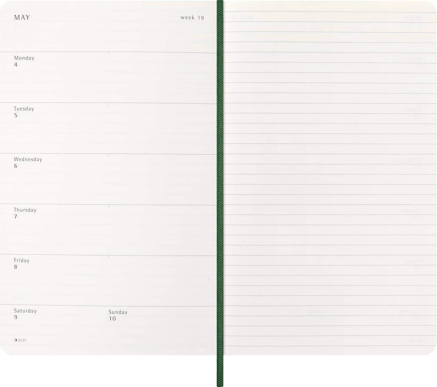 Moleskine Wochenplaner, Wochenagenda 2026 12 Monate mit Platz für Notizen, mit weichem Einband und Gummibandverschluss, Großformat 13x21, Farbe Grün