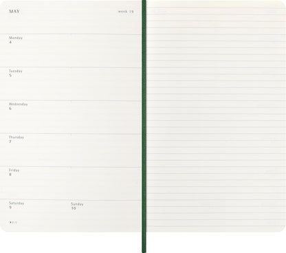 Moleskine Wochenplaner, Wochenagenda 2026 12 Monate mit Platz für Notizen, mit weichem Einband und Gummibandverschluss, Großformat 13x21, Farbe Grün