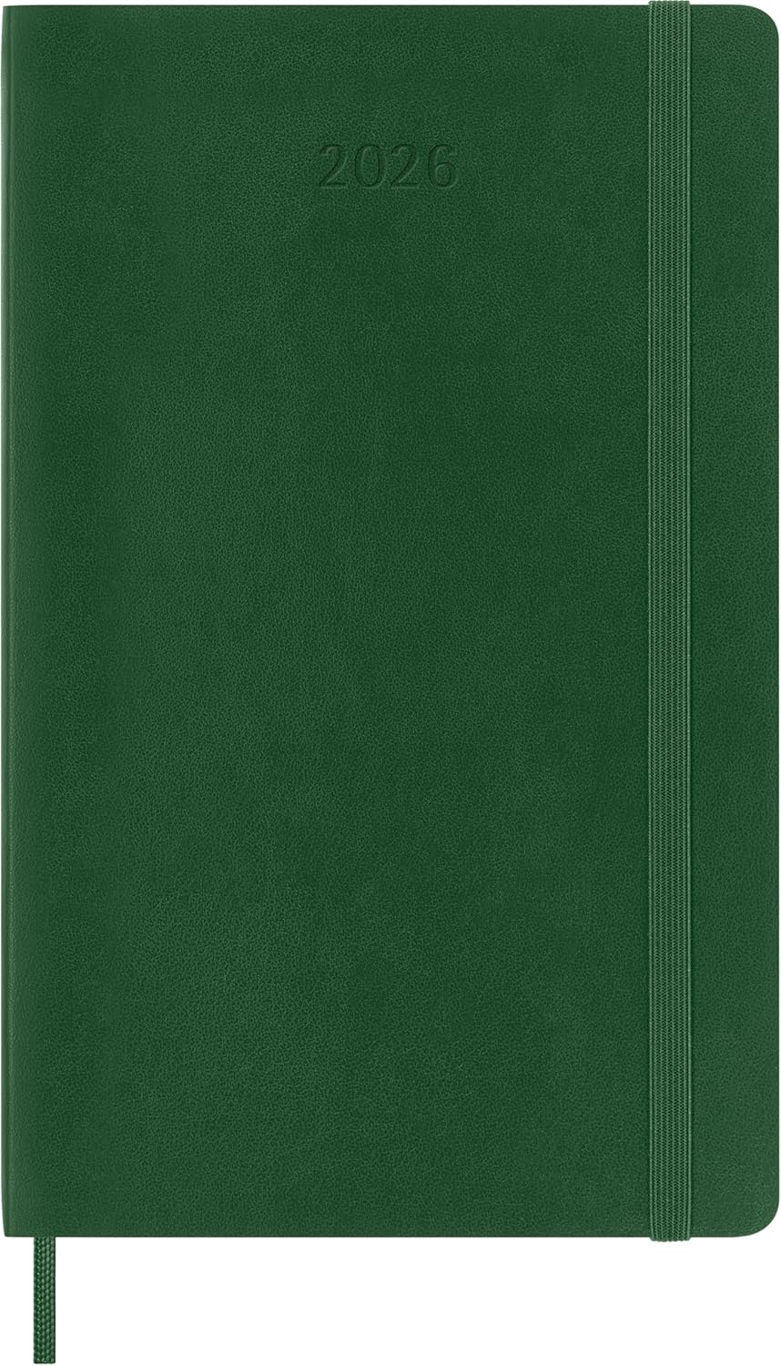 Moleskine Wochenplaner, Wochenagenda 2026 12 Monate mit Platz für Notizen, mit weichem Einband und Gummibandverschluss, Großformat 13x21, Farbe Grün