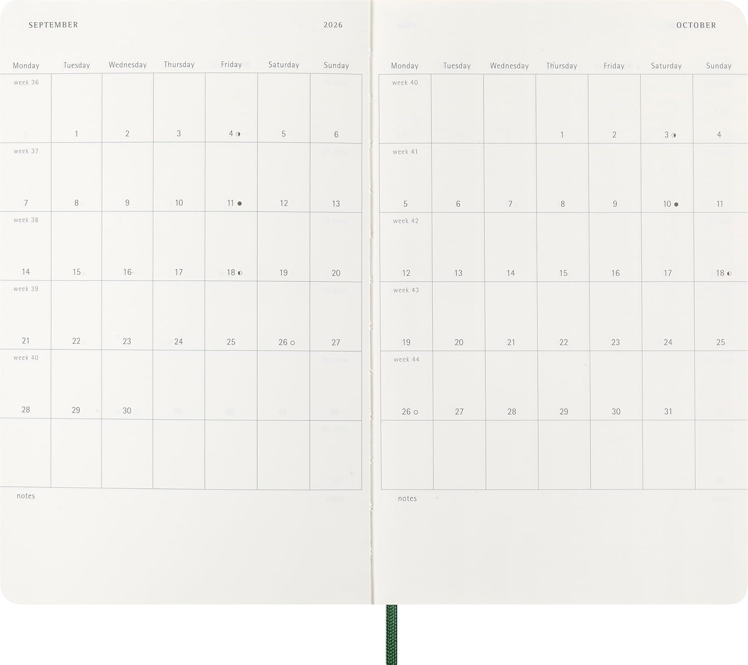 Moleskine Wochenplaner, Wochenagenda 2026 12 Monate mit Platz für Notizen, mit weichem Einband und Gummibandverschluss, Großformat 13x21, Farbe Grün
