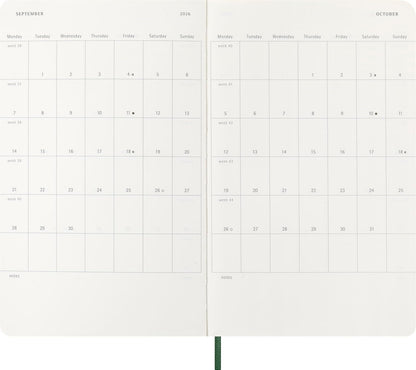 Moleskine Wochenplaner, Wochenagenda 2026 12 Monate mit Platz für Notizen, mit weichem Einband und Gummibandverschluss, Großformat 13x21, Farbe Grün