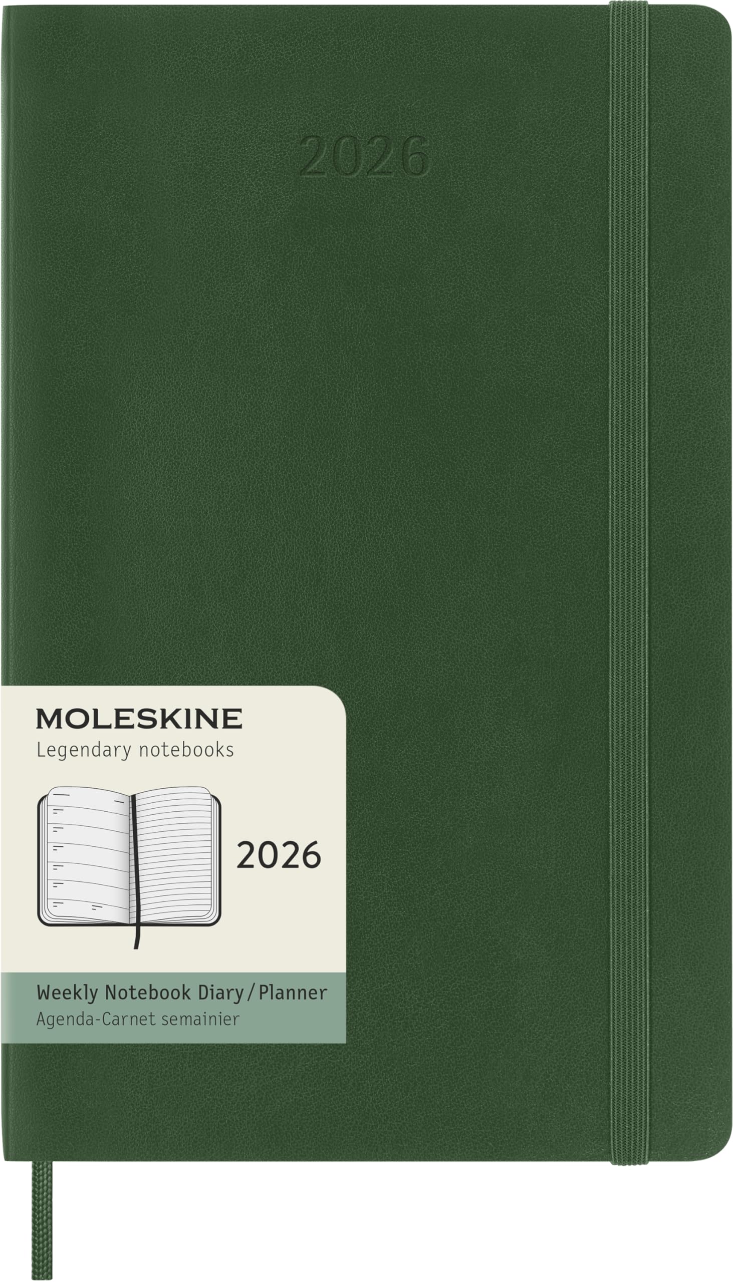 Moleskine Wochenplaner, Wochenagenda 2026 12 Monate mit Platz für Notizen, mit weichem Einband und Gummibandverschluss, Großformat 13x21, Farbe Grün