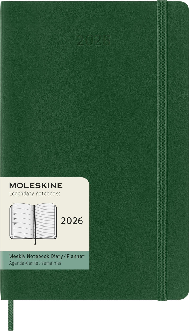 Moleskine Wochenplaner, Wochenagenda 2026 12 Monate mit Platz für Notizen, mit weichem Einband und Gummibandverschluss, Großformat 13x21, Farbe Grün