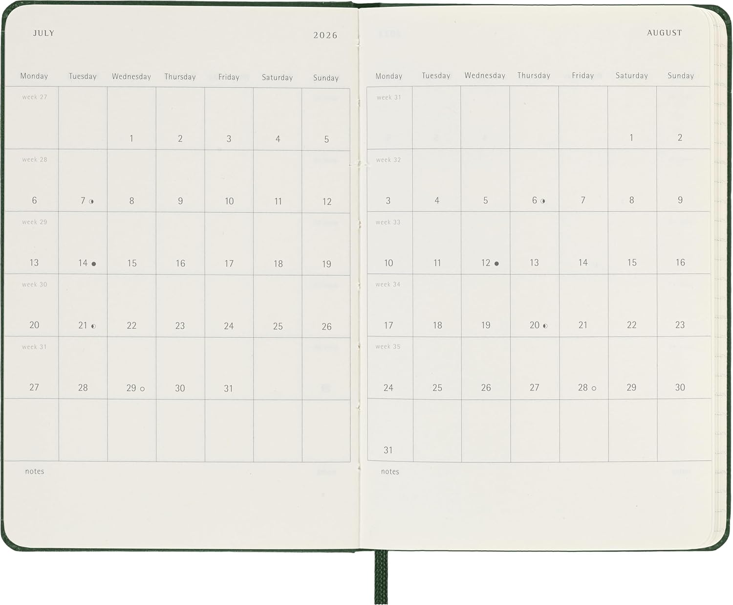Moleskine Weekly Planner, Agenda Settimanale 2026 12 Mesi Con Spazio Per Note, Con Copertina Rigida e Chiusura Elastica, Formato Pocket 9 x 14 cm, Colore Verde
