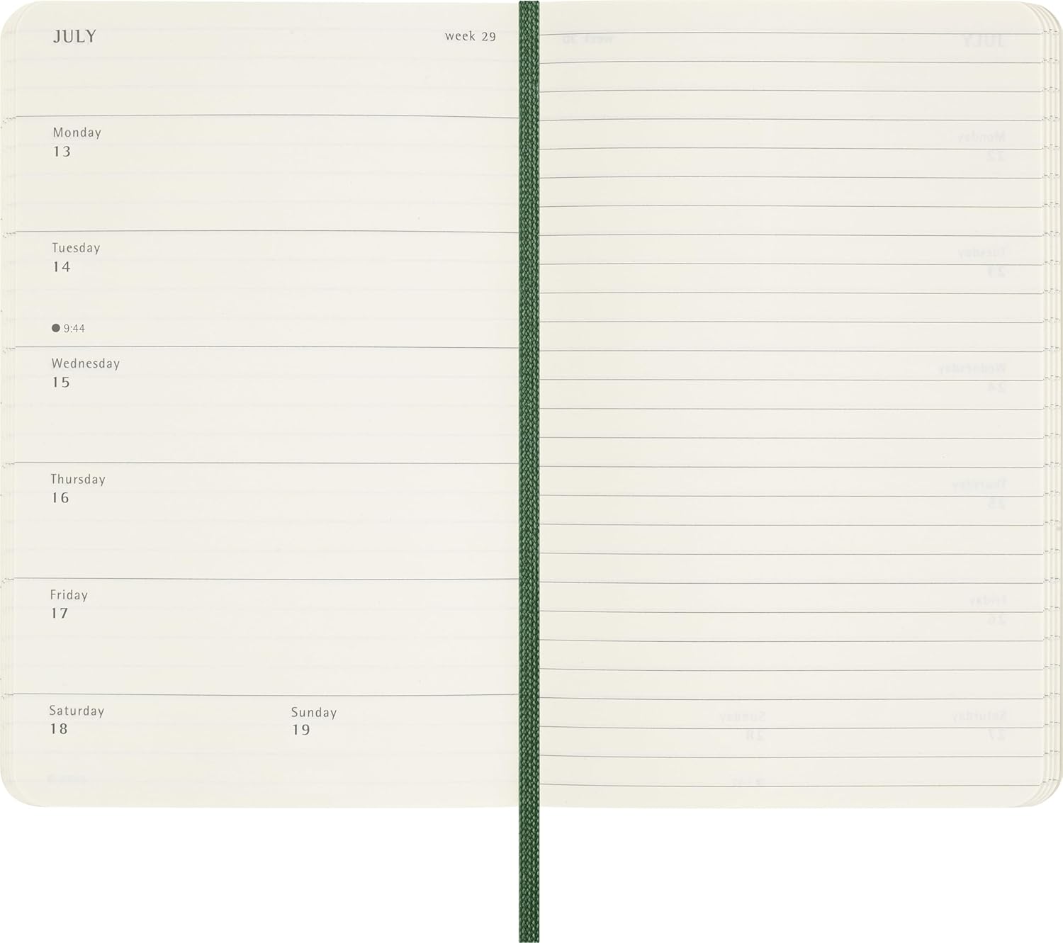 Moleskine Agenda Semanal, Agenda Semanal 2026 12 Meses Con Espacio Para Notas, Con Tapa Blanda y Cierre Elástico, Formato de Bolsillo 9x14, Color Verde Mirto