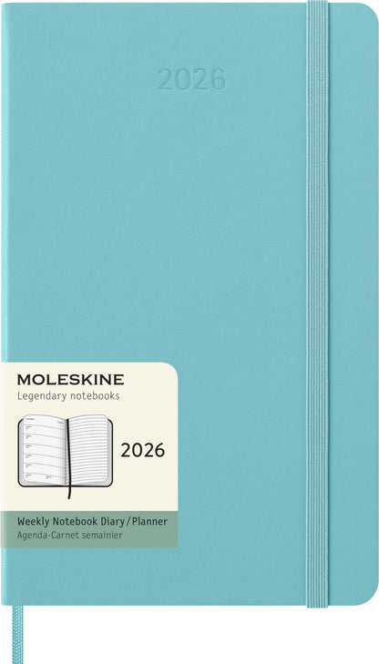 Moleskine Weekly Planner, Agenda Semanal 2026 12 Meses Con Espacio Para Notas, Con Tapa Dura y Cierre Elástico, Formato Grande 13x21, Color Aguamarina