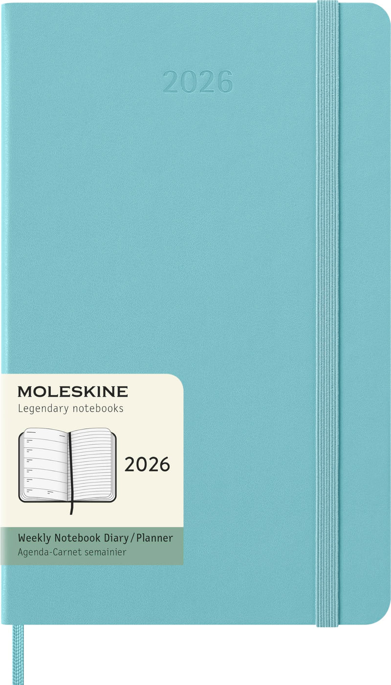 Moleskine Weekly Planner, Agenda Semanal 2026 12 Meses Con Espacio Para Notas, Con Tapa Dura y Cierre Elástico, Formato Grande 13x21, Color Aguamarina