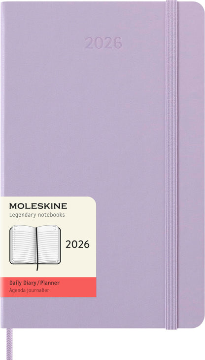 Moleskine Daily Planner, Daily Agenda 2026 12 Months, With Hard Cover and Elastic Closure, Large Format 13x21, Lilac Color