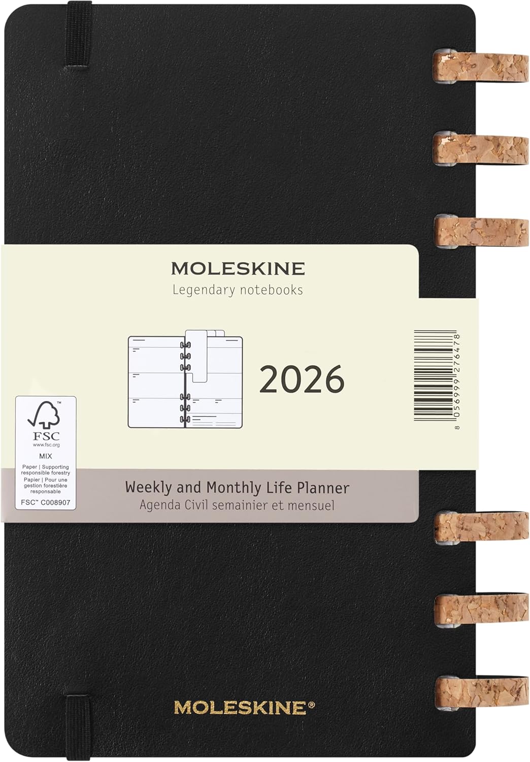 Moleskine Life Planner 2026, Weekly and Monthly Spiral Agenda 12 Months, Soft Cover and Elastic Closure, Black Color, Large Size 13x21 cm