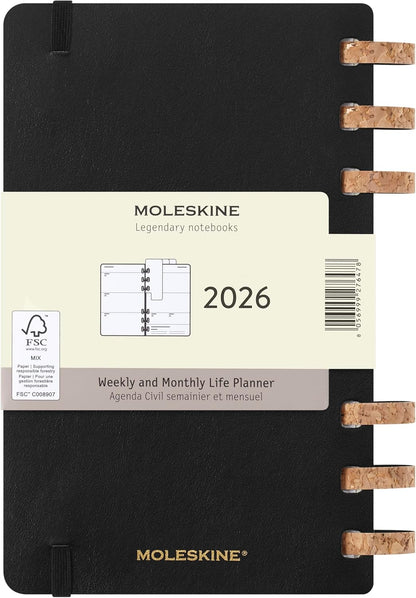 Moleskine Life Planner 2026, Weekly and Monthly Spiral Agenda 12 Months, Soft Cover and Elastic Closure, Black Color, Large Size 13x21 cm
