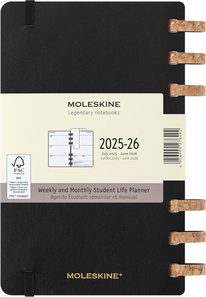 Moleskine Student Life Planner 2025-26, Weekly and Monthly Spiral 12-Month Planner with Soft Cover, Black Color, Large 15 x 21 cm