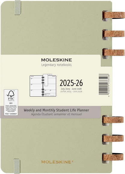 Moleskine Student Life Planner 2025-2026, Weekly and Monthly Spiral 12 Month Diary with Soft Cover, Crush Kiwi Colour, Large Size 15 x 21 cm