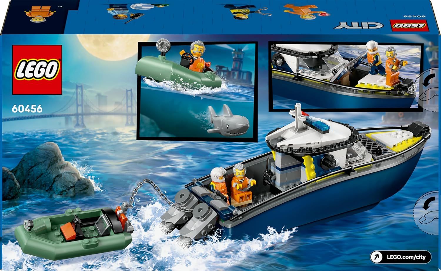 LEGO City Police Boat Chase Set - incl. 2 Boat Toys, 3 Minifigures & a Shark Animal Figure - Gift for 6+ Year Old Boys & Girls - 60456