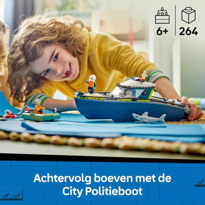 LEGO City Police Boat Chase Set - incl. 2 Boat Toys, 3 Minifigures & a Shark Animal Figure - Gift for 6+ Year Old Boys & Girls - 60456