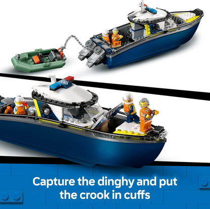 LEGO City Police Boat Chase Set - incl. 2 Boat Toys, 3 Minifigures & a Shark Animal Figure - Gift for 6+ Year Old Boys & Girls - 60456