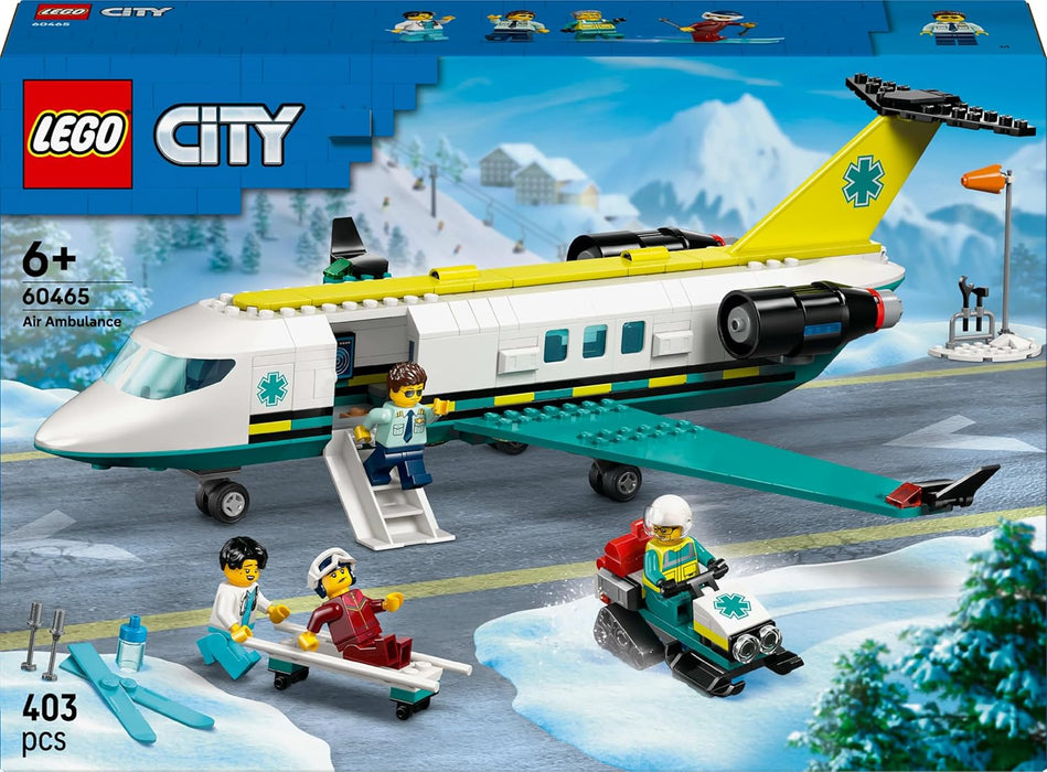 LEGO City Emergency Air Ambulance Airplane Toy - Medical Plane Model - 3 Minifigures incl. a Doctor and Pilot, plus a Snowscooter, Stretcher & Tools, Gift for 6+ Year Old Boys - 60465