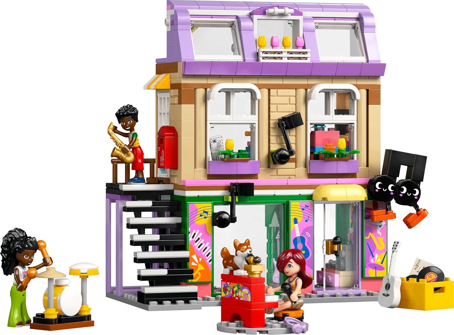 LEGO Friends Negozio di Musica e Appartamento Giocattolo con 3 Mini Bamboline, Animale Domestico Corgi e Strumenti Musicali come Pianoforte, Batteria e Chitarre - Regalo per Bambine da 7 Anni - 42653