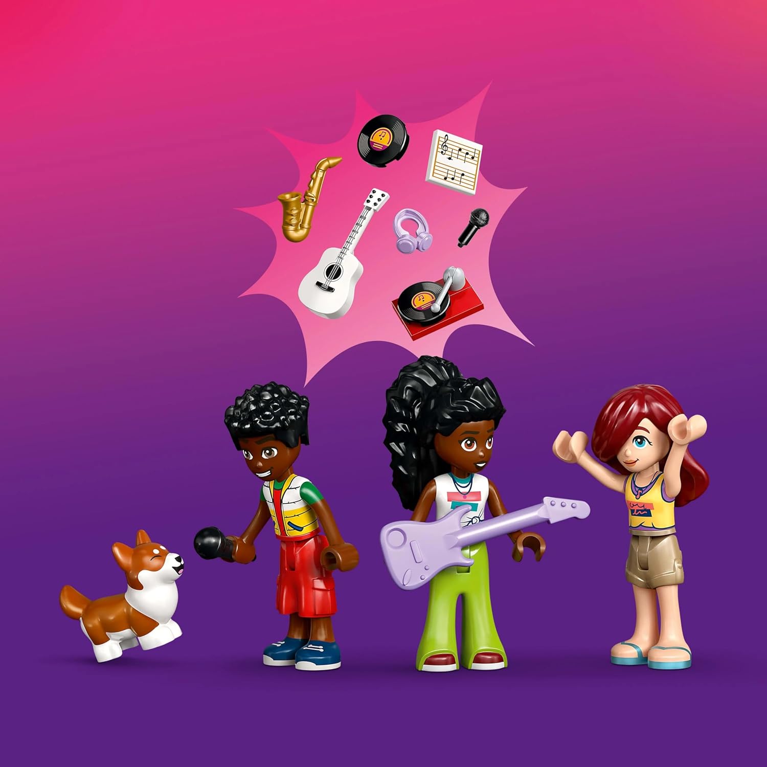LEGO Friends Negozio di Musica e Appartamento Giocattolo con 3 Mini Bamboline, Animale Domestico Corgi e Strumenti Musicali come Pianoforte, Batteria e Chitarre - Regalo per Bambine da 7 Anni - 42653