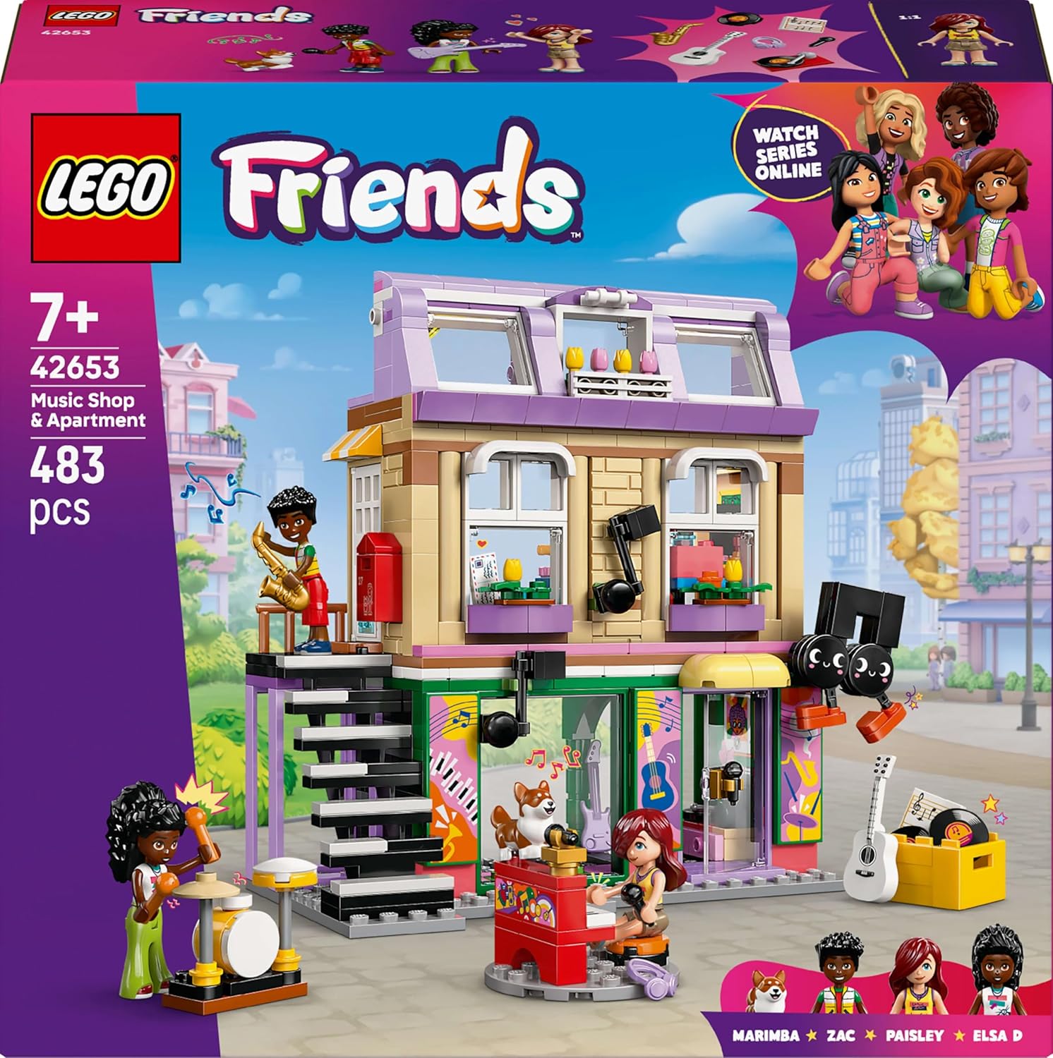 LEGO Friends Negozio di Musica e Appartamento Giocattolo con 3 Mini Bamboline, Animale Domestico Corgi e Strumenti Musicali come Pianoforte, Batteria e Chitarre - Regalo per Bambine da 7 Anni - 42653
