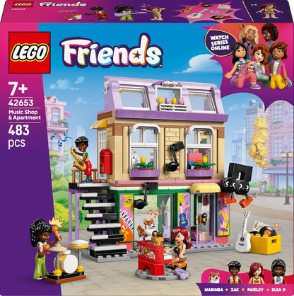 LEGO Friends Negozio di Musica e Appartamento Giocattolo con 3 Mini Bamboline, Animale Domestico Corgi e Strumenti Musicali come Pianoforte, Batteria e Chitarre - Regalo per Bambine da 7 Anni - 42653