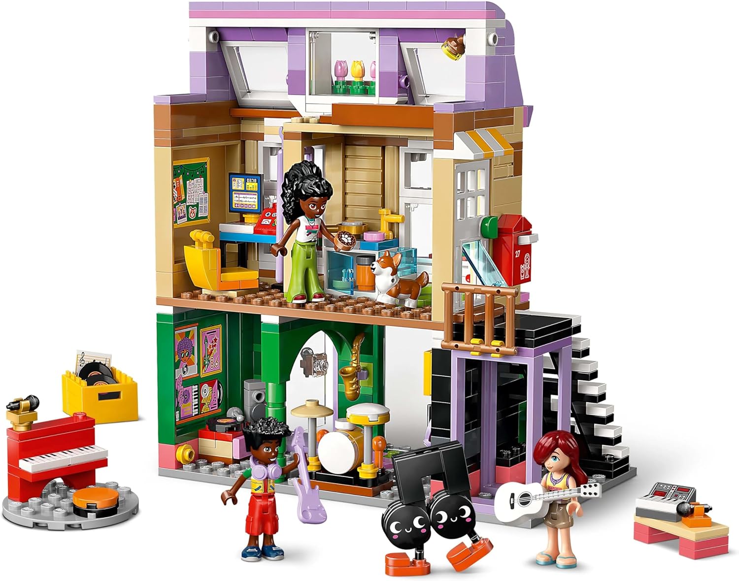LEGO Friends Negozio di Musica e Appartamento Giocattolo con 3 Mini Bamboline, Animale Domestico Corgi e Strumenti Musicali come Pianoforte, Batteria e Chitarre - Regalo per Bambine da 7 Anni - 42653