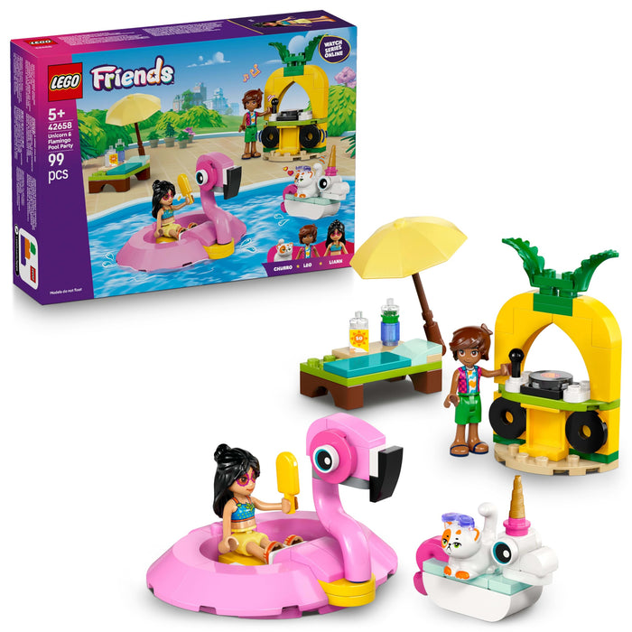 LEGO Friends Unicorn & Flamingo Pool Party Toy with Animal 'Floaties', 2 Mini Dolls, Churro the Cat & Accessories incl. a DJ Booth & Sunbeds - Creative Gift for 5+ Year Old girls - 42658