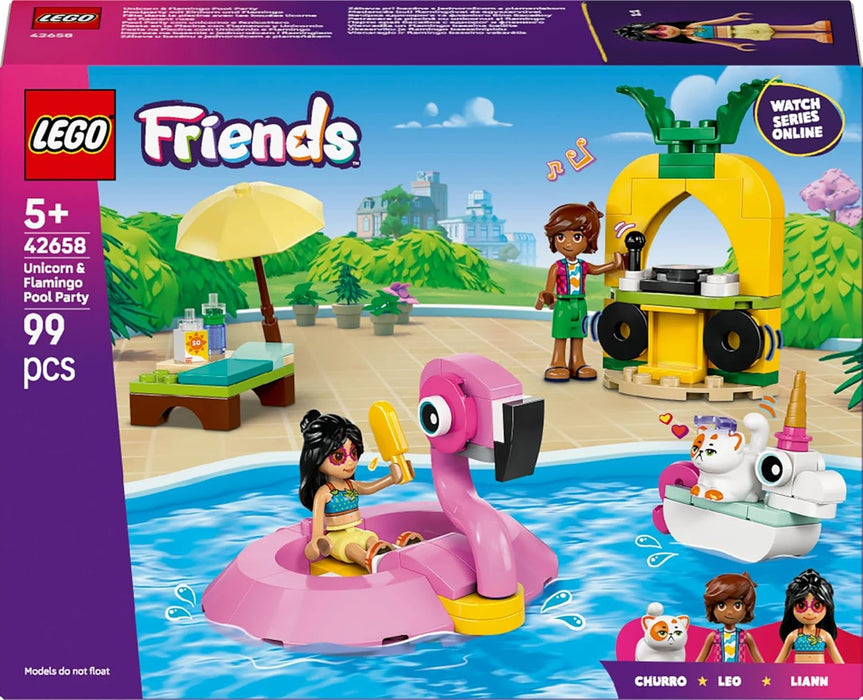 LEGO Friends Unicorn & Flamingo Pool Party Toy with Animal 'Floaties', 2 Mini Dolls, Churro the Cat & Accessories incl. a DJ Booth & Sunbeds - Creative Gift for 5+ Year Old girls - 42658