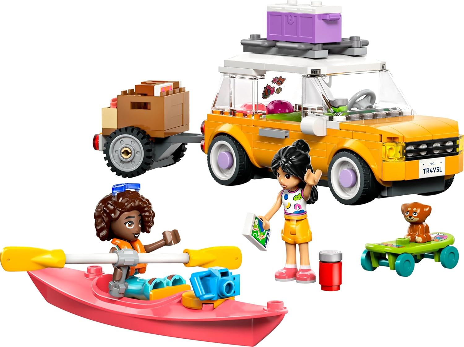 LEGO Friends Friendship Road-Trip Travel Car Toy with Trailer, 2 Mini Dolls, a Pet Dog Figure, Kayak & Fun Accessories incl. a Skateboard & Roller Skates - Building Set for 6+ Year Old Girls - 42659