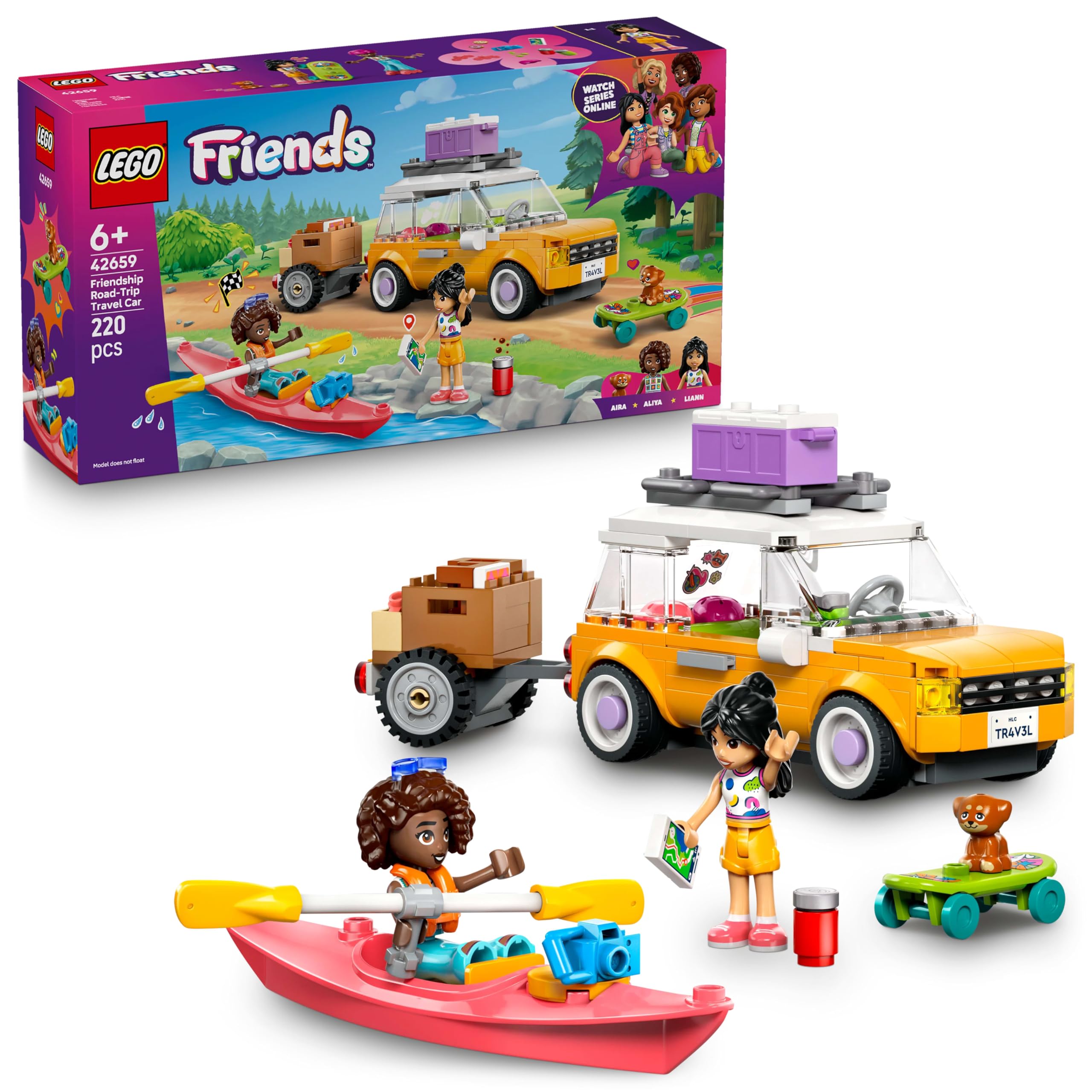 LEGO Friends Friendship Road-Trip Travel Car Toy with Trailer, 2 Mini Dolls, a Pet Dog Figure, Kayak & Fun Accessories incl. a Skateboard & Roller Skates - Building Set for 6+ Year Old Girls - 42659