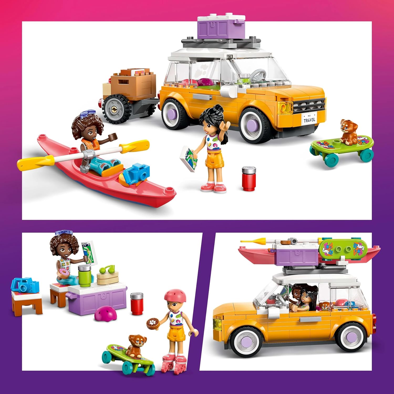 LEGO Friends Friendship Road-Trip Travel Car Toy with Trailer, 2 Mini Dolls, a Pet Dog Figure, Kayak & Fun Accessories incl. a Skateboard & Roller Skates - Building Set for 6+ Year Old Girls - 42659