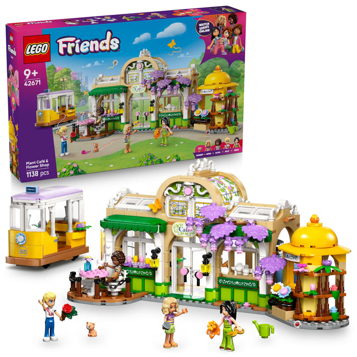 LEGO Friends Plant Café & Flower Shop Toy with 4 Mini Dolls, a Pet Cat Figure, Tram and Kitchen Accessories incl. Pastries, Cups & a Teapot - Birthday Gift for 9+ Year Old Girls - 42671
