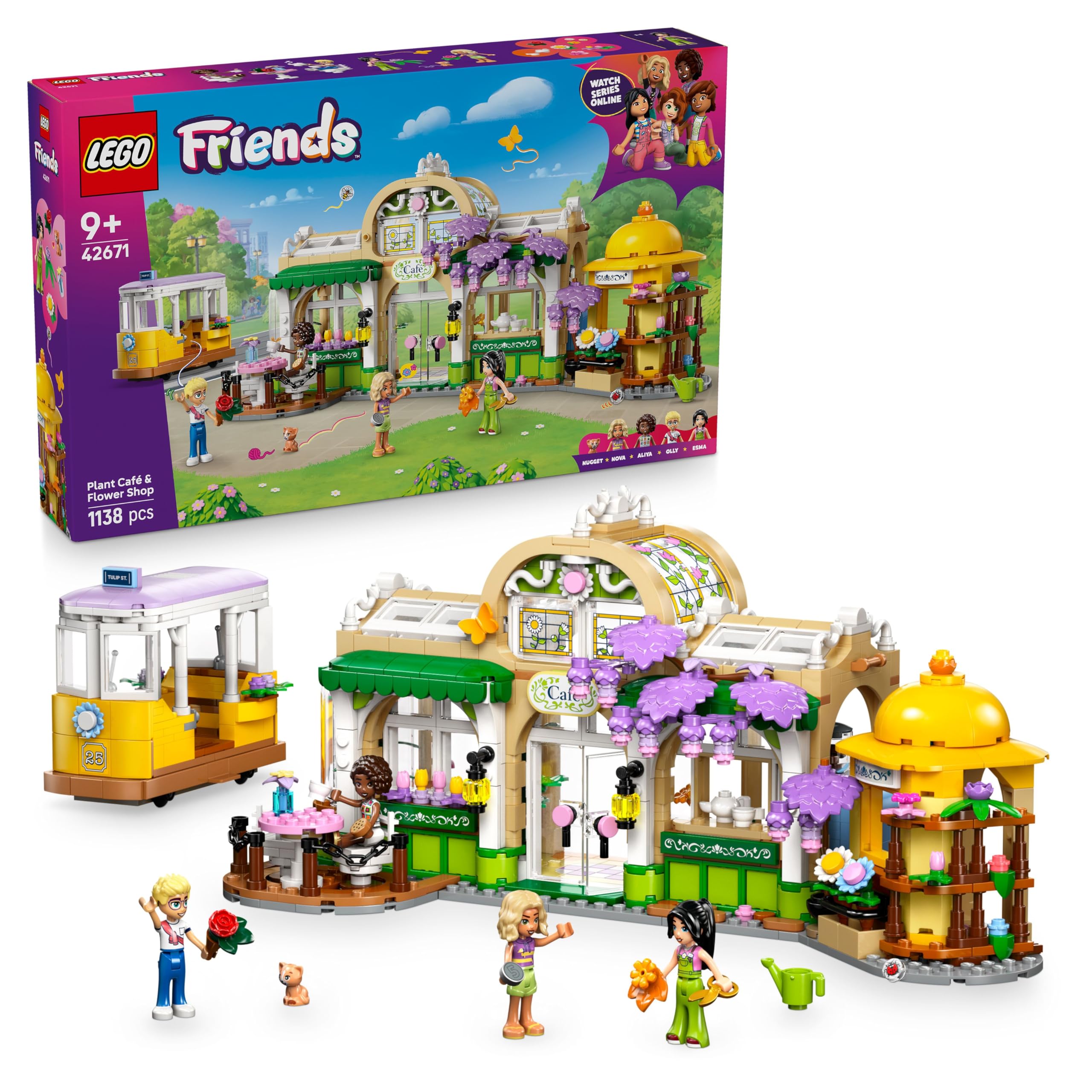 LEGO Friends Plant Café & Flower Shop Toy with 4 Mini Dolls, a Pet Cat Figure, Tram and Kitchen Accessories incl. Pastries, Cups & a Teapot - Birthday Gift for 9+ Year Old Girls - 42671