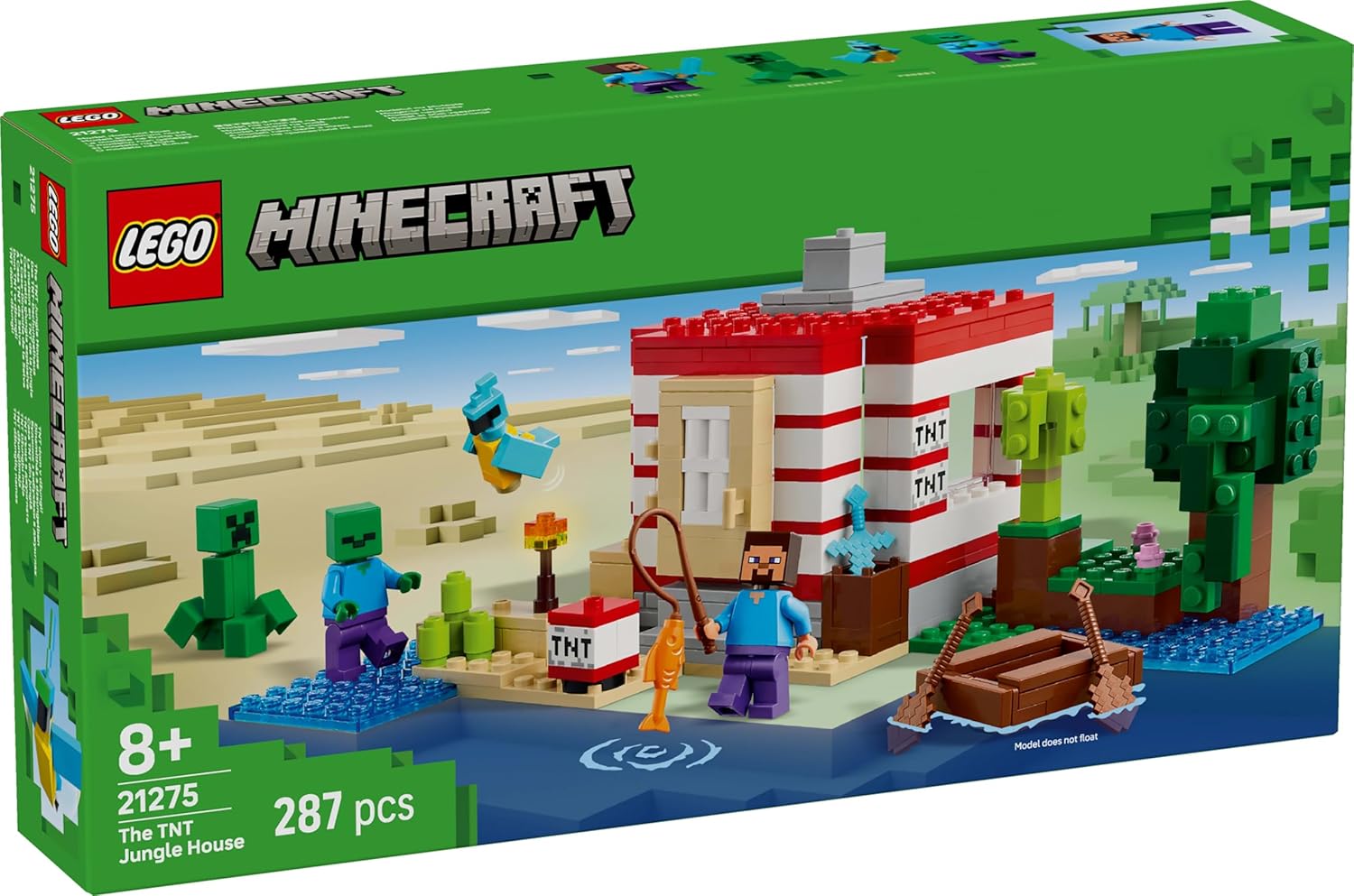 LEGO Minecraft The TNT Jungle House Toy - Interactive Set with a boat model, Steve, Creeper and Zombie Figures plus a TNT Function - Gamer Gift for 8+ Year Old Girls & Boys - 21275