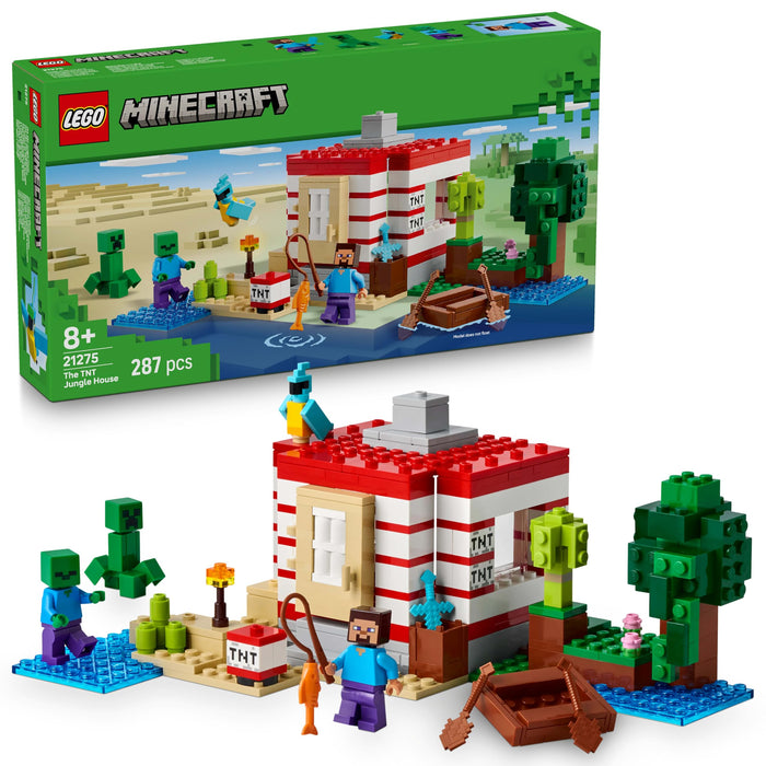 LEGO Minecraft The TNT Jungle House Toy - Building Set with a Trigger Switch for Explosive Function - Incl. a Boat plus Steve, Creeper and Zombie Figures - Gift for 8+ Year Old Girls & Boys - 21275