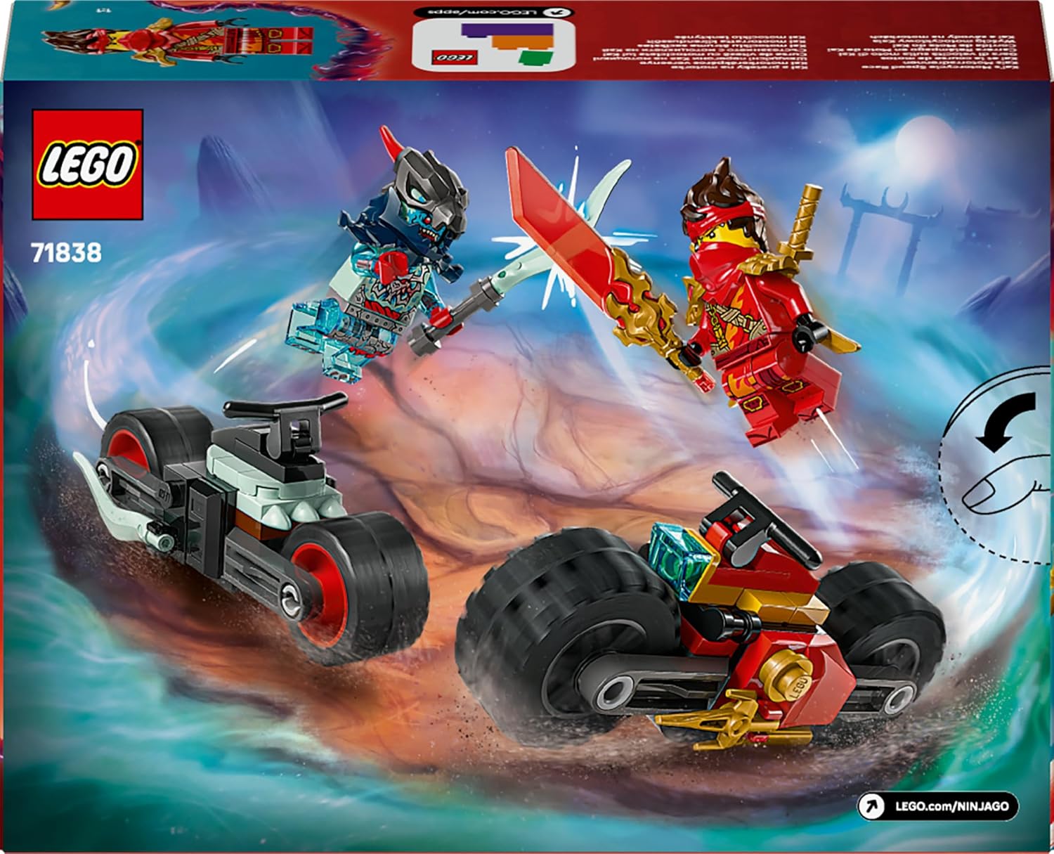 LEGO NINJAGO Kai’s Motorcycle Speed Race Set - 2 Ninja Motorbike Toys with Spinning Wheels plus 2 Minifigures with Weapon Accessories - Gift for 6+ Year Old Boys & Dragons Rising Fans - 71838
