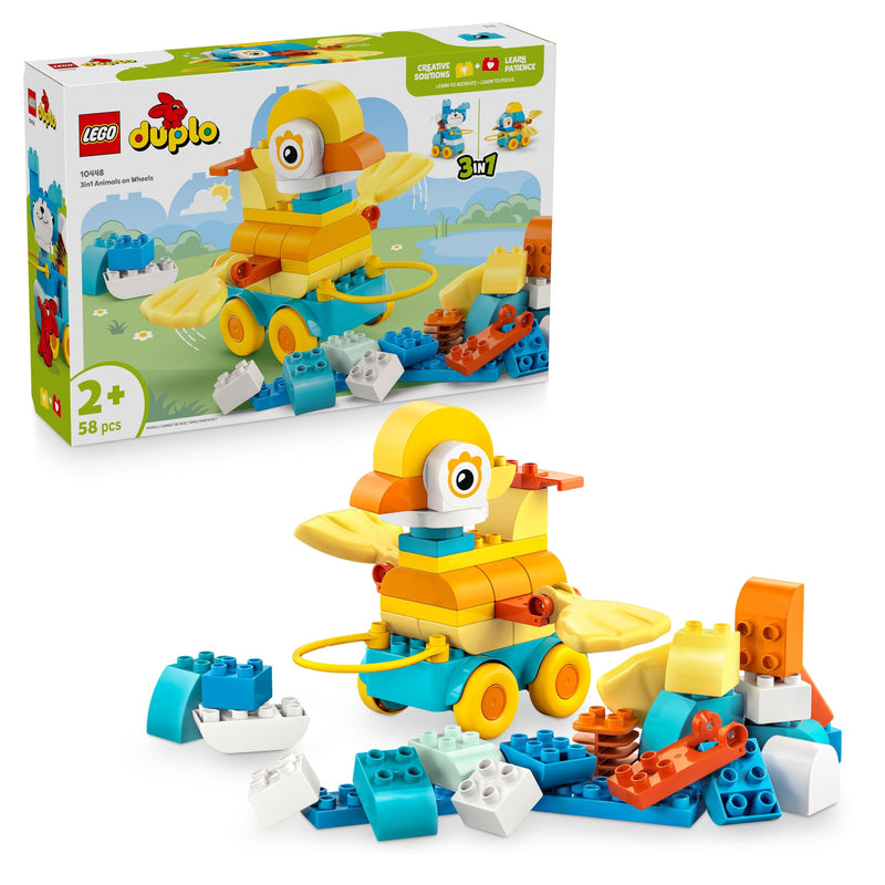LEGO DUPLO 3in1 Animals on Wheels - Educational Building Toy with Bricks to Build a Duck, Fish or Dog Toy with Wheels and a Pull Handle - Gift for 2+ Year Old Girls & Boys - 10448