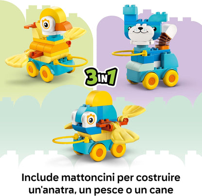 LEGO DUPLO 3in1 Animals on Wheels - Educational Building Toy with Bricks to Build a Duck, Fish or Dog Toy with Wheels and a Pull Handle - Gift for 2+ Year Old Girls & Boys - 10448