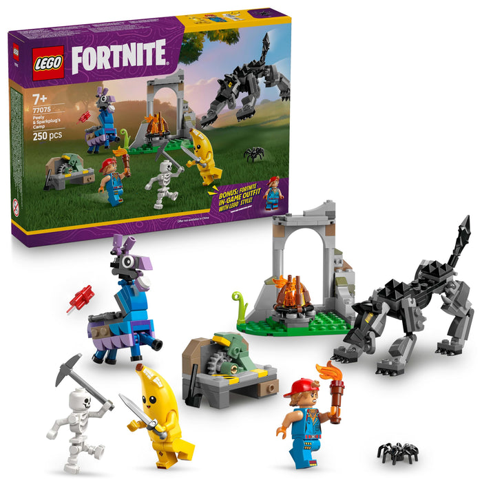 LEGO Fortnite Campo di Bananita e Starter Giocattolo - Include le Figure del Lupo e del Lama delle Scorte, 3 Minifigure e un Falò - Regalo per Gamer, Bambini, Bambine e Fan da 7 Anni - 77075