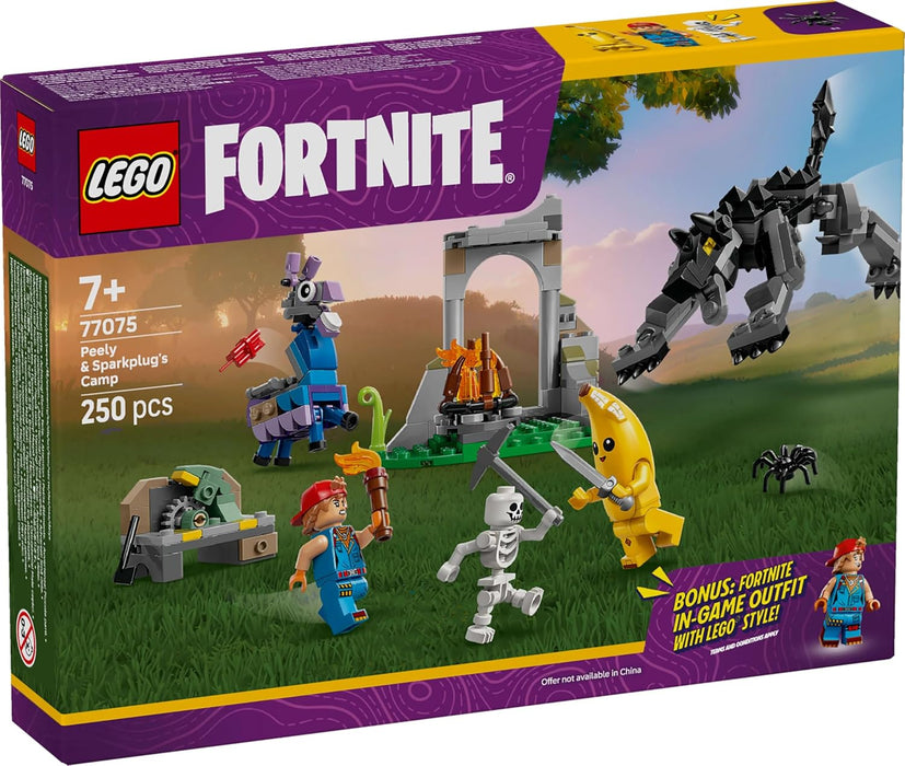 LEGO Fortnite Campo di Bananita e Starter Giocattolo - Include le Figure del Lupo e del Lama delle Scorte, 3 Minifigure e un Falò - Regalo per Gamer, Bambini, Bambine e Fan da 7 Anni - 77075