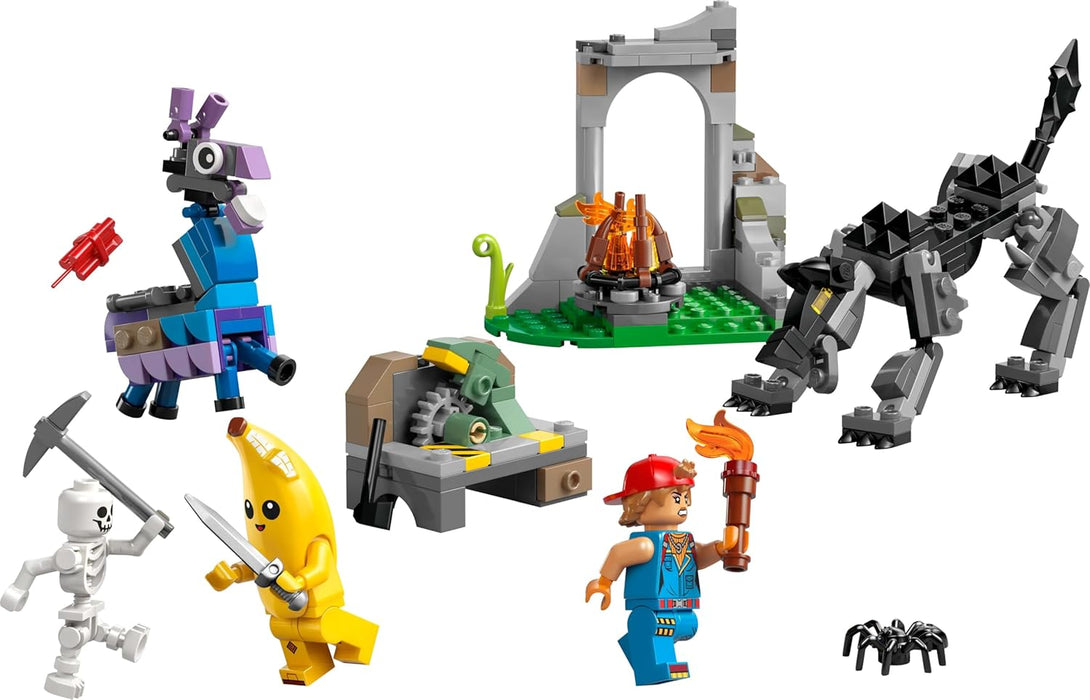 LEGO Fortnite Campo di Bananita e Starter Giocattolo - Include le Figure del Lupo e del Lama delle Scorte, 3 Minifigure e un Falò - Regalo per Gamer, Bambini, Bambine e Fan da 7 Anni - 77075