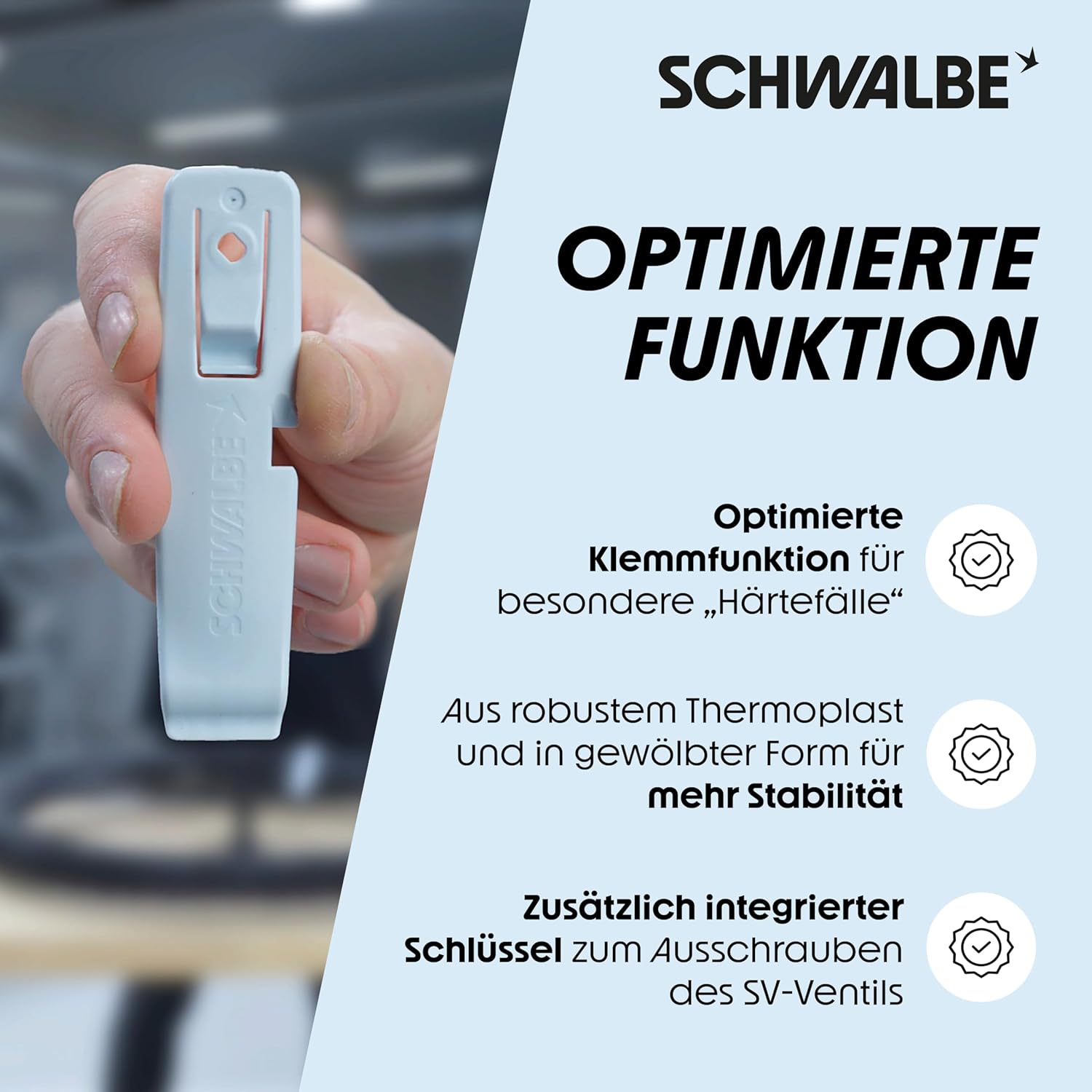 Schwalbe Reifenheber Fahrrad - 3er Set Fahrrad Reifenheber – 3in1 Fahrrad Werkzeug, Montierhebel mit integrierter Klemmfunktion und SV Ventilschlüssel