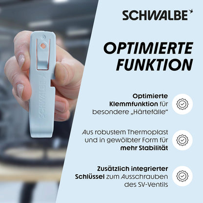 Schwalbe Reifenheber Fahrrad - 3er Set Fahrrad Reifenheber – 3in1 Fahrrad Werkzeug, Montierhebel mit integrierter Klemmfunktion und SV Ventilschlüssel