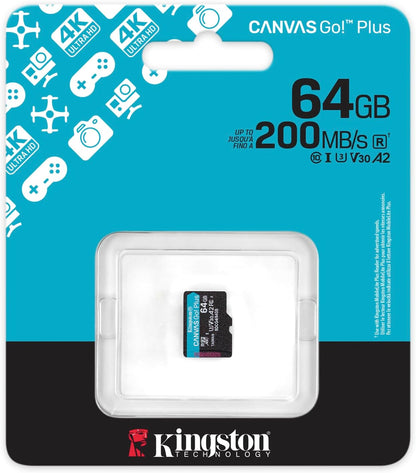 Kingston Canvas Go Plus microSDXC Memory Card Gen4 200MB/s A2 U3 V30 64GB Single Pack w/o ADP Card only-SDCG4/64GBSP