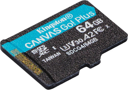 Kingston Canvas Go Plus microSDXC Memory Card Gen4 200MB/s A2 U3 V30 64GB Single Pack w/o ADP Card only-SDCG4/64GBSP