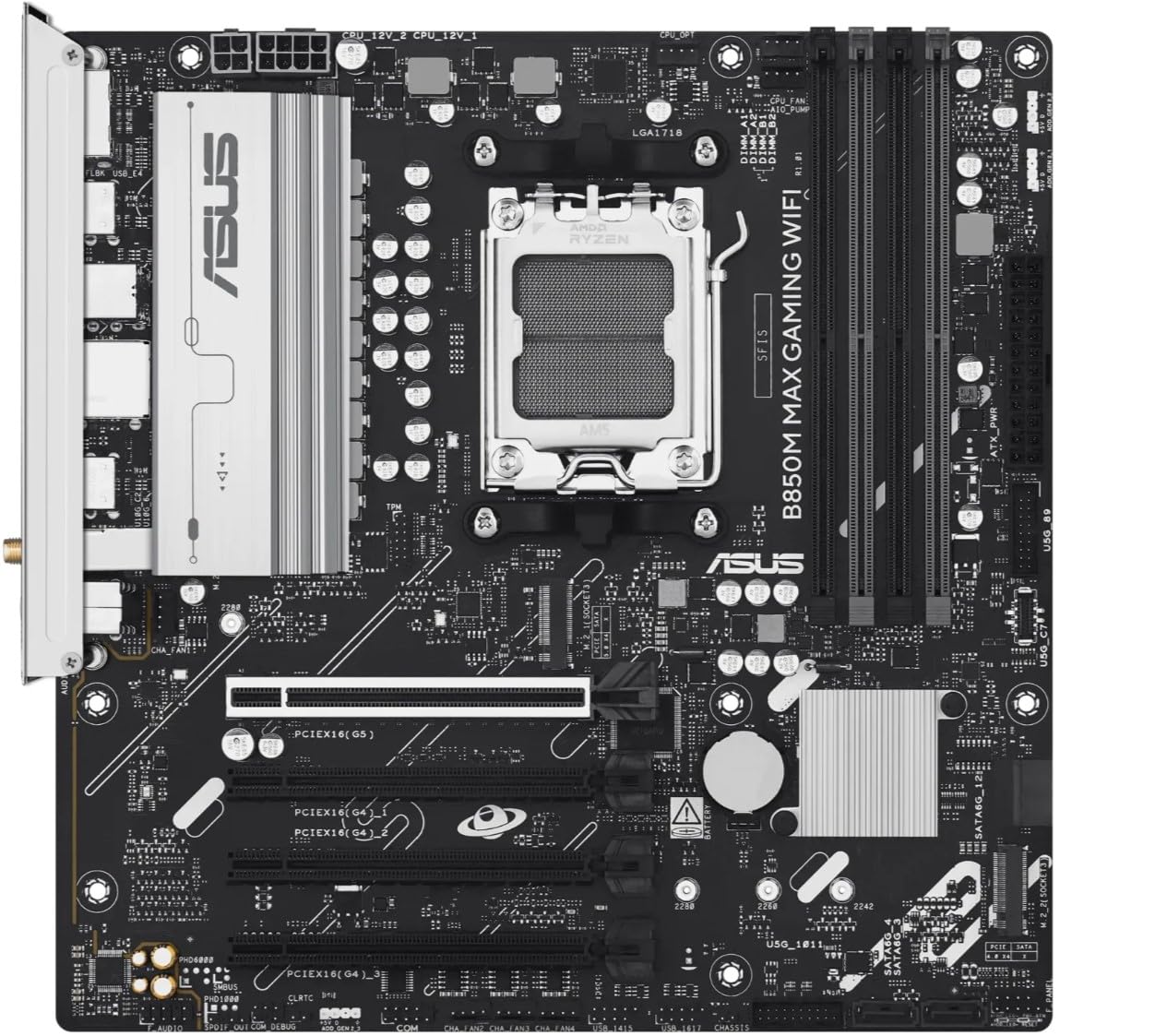 Asus B850M MAX GAMING WIFI, AMD B850, AM5, Micro ATX, 4 DDR5, HDMI, DP, Wi-Fi 6E, GB LAN, 3x M.2
