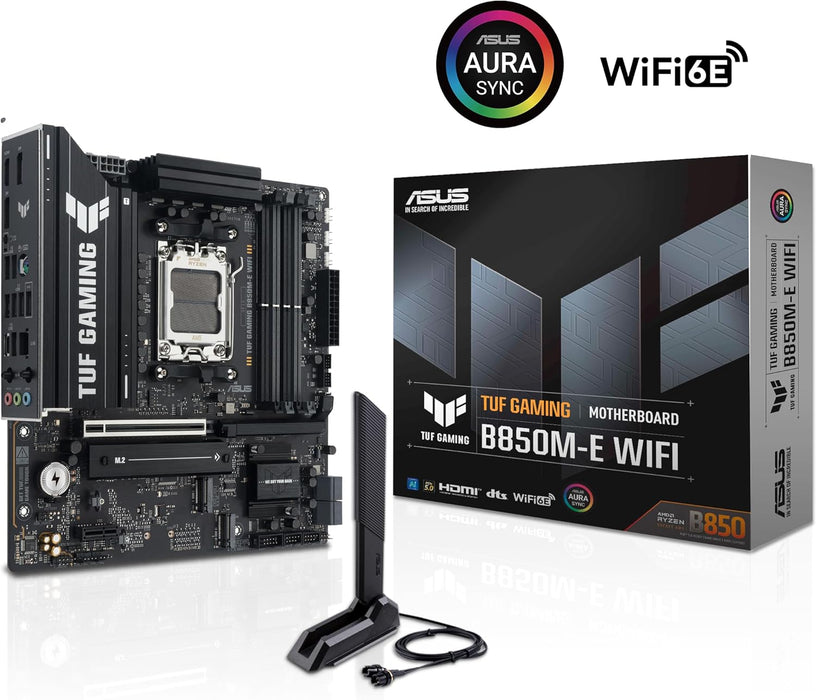 ASUS TUF B850M-E Gaming Wi-Fi AMD Micro-ATX Motherboard, 8+2+1 Power Stages, DDR5, PCIe 5.0 Slots, 3 M.2 Slots, Wi-Fi 6E, Realtek 2.5 Gb Ethernet, USB-C 10 Gbps, BIOS Flashback and Aura Sync