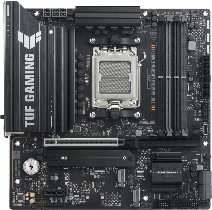ASUS TUF B850M-E Gaming Wi-Fi AMD Micro-ATX Motherboard, 8+2+1 Power Stages, DDR5, PCIe 5.0 Slots, 3 M.2 Slots, Wi-Fi 6E, Realtek 2.5 Gb Ethernet, USB-C 10 Gbps, BIOS Flashback and Aura Sync
