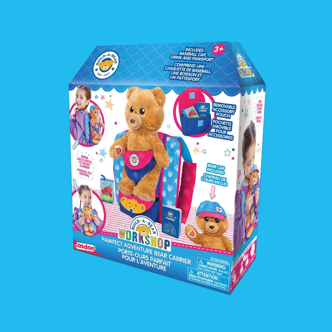 Casdon Build-A-Bear Workshop Pawfect Adventure Toy Bear Carrier | Multi-Way Carrier for Teddies | For Kids Aged 3+ | Includes Bag, Juice Box, Hat & Pawsport | Official Licensed Toy