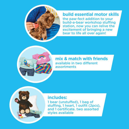 Casdon Build-A-Bear Workshop Furtastic Toy Bear & Outfit Assortment | Assorted Cuddly Toy Bear and Outfit for Children Aged 3+ | Ready to Stuff! | Filling, Heart, and Certificate Also Included