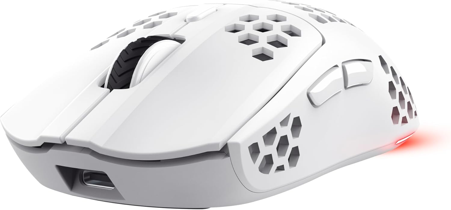 Trust Gaming GXT 929W Helox Wireless Gaming Mouse, Superlight White Gaming Mouse 75g, 80h Battery Life, 2.4 GHz Micro-USB Receiver, LED Lighting, Adjustable DPI (800-4800), Gaming PC Laptop